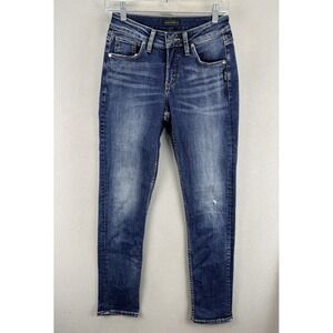 Silver Jeans Women's Sz 26x30 Mid-Rise Distressed Embroidered Pockets Blue Denim